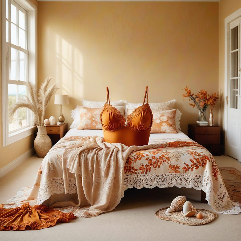 A creative juxtaposition of beachwear and intimate apparel, showcasing vibrant swimsuits transitioning into elegant lingerie. The background features soft sand and waves blending into a cozy bedroom setting with delicate fabrics hanging. Include elements like seashells and lace to symbolize the evolution of fashion. Highlight warm, inviting colors to convey comfort and style. super-realistic. vibrant colors. soft focus.